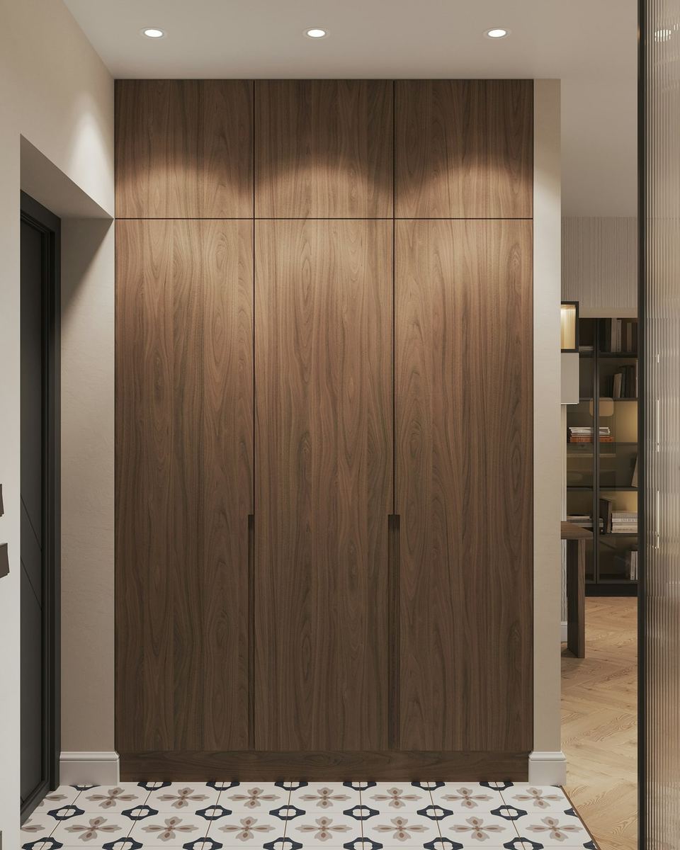 Tall dark wood fitted wardrobe in a hallway